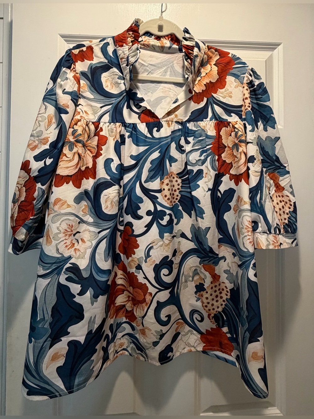 Floral Peasant Blouse in Blue & Rust size XXL